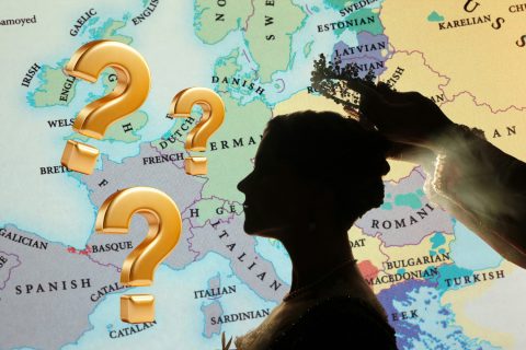 Európa térkép, királynő koronázás sziluett, arany krédőjelek