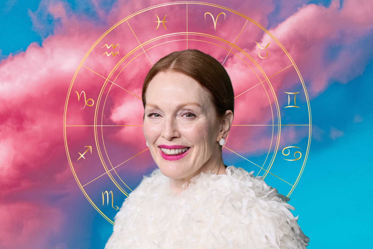 Rózsaszín-kék égbolt, Julianne Moore magenta rúzzsal, fehér tollas ruhában, arany zodiákus kör