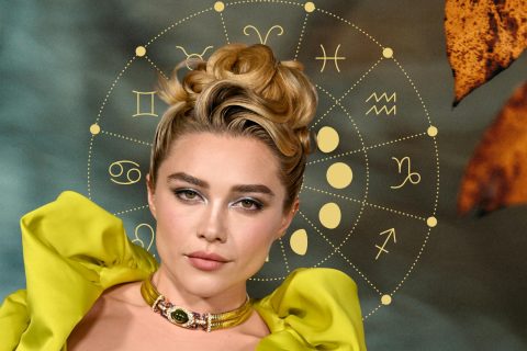 Florence Pough estélyi ruhában, szürke őszi háttér falevéllel, arany asztrológiai kör