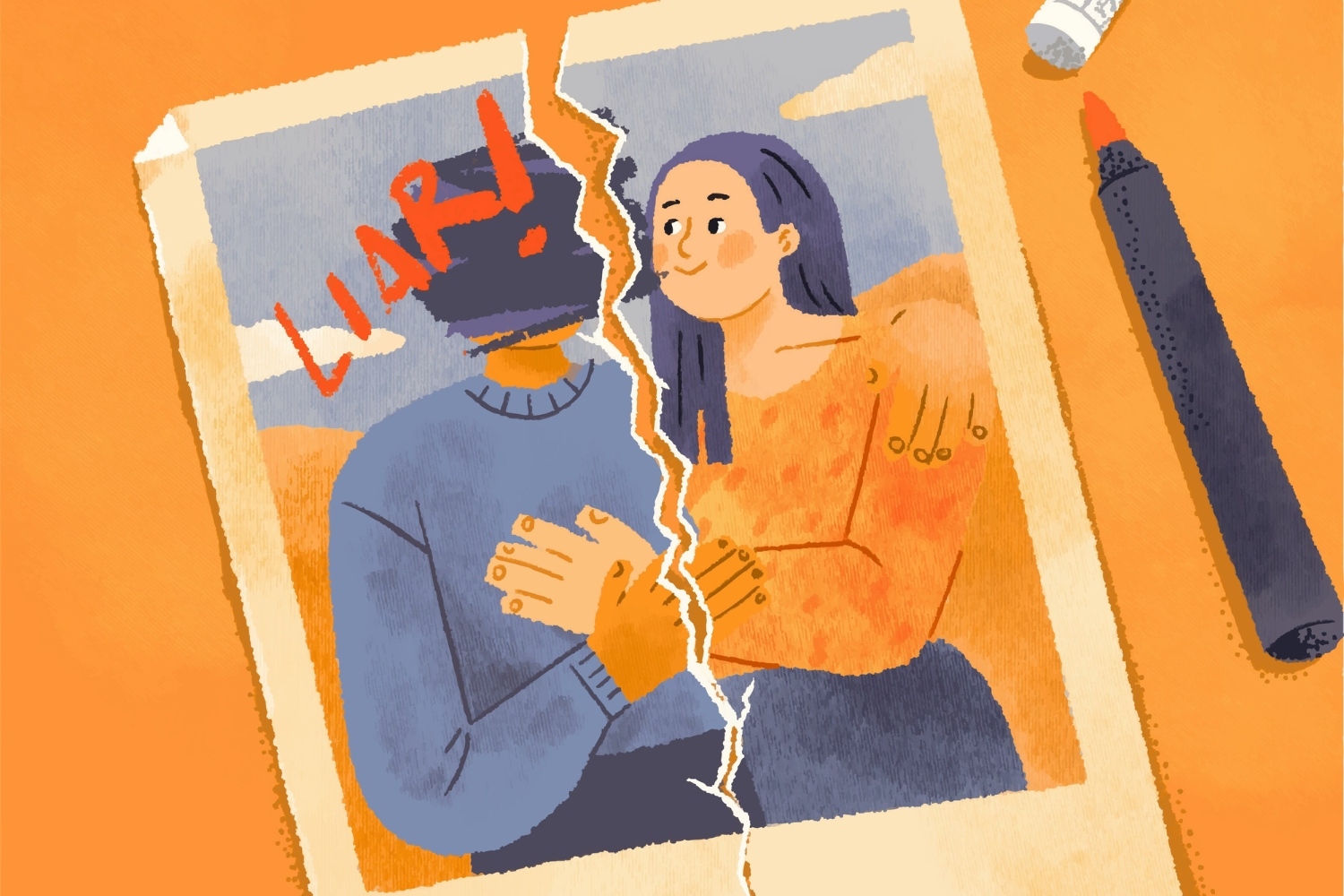 Grafika megcsalás illusztrálására, sárga alapon eltépett fotó, a férfi arca átfirkálva, fölé írva pirossa, hogy hazug, mellette filctoll