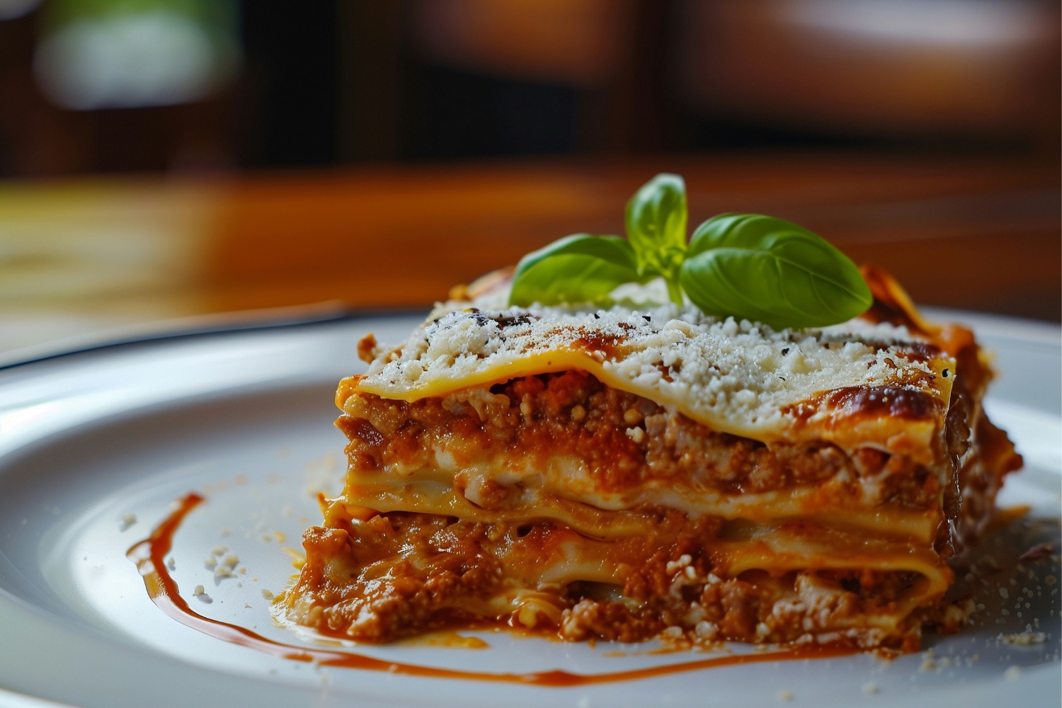 paradicsomos-darált húsos klasszikus lasagne fehér tányéron